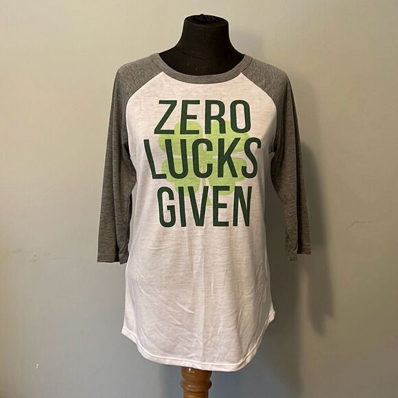 Modern Lux Women's Gray White "Zero Lucks Given" Baseball Tee - Picture 1 of 7